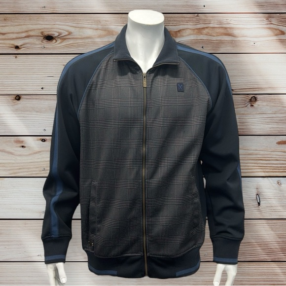 Marc Ecko Cut & Sew Blue Gray Plaid Full Zip Track Jacket with Pockets Large LG - Picture 2 of 13